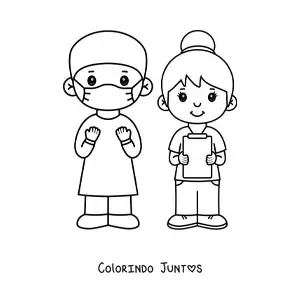 Desenho para colorir de um cirurgião e uma enfermeira kawaii