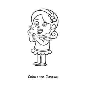 Desenho para colorir de uma menina comendo uma maçã