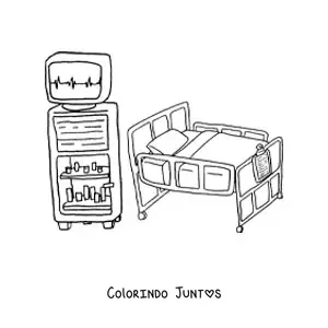 Desenho para colorir de uma cama de hospital e equipamento médico