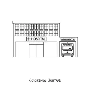 Desenho para colorir de um hospital e uma ambulância estacionada