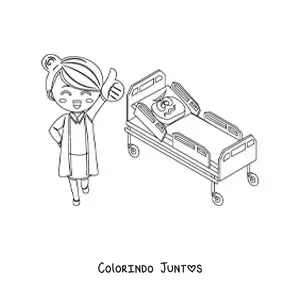 Desenho para colorir de uma enfermeira e uma cama de hospital animada
