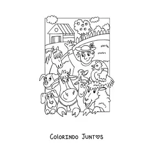 Desenho para colorir de um fazendeiro junto a animais animados
