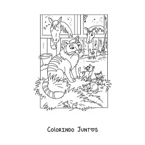 Desenho para colorir de quatro gatos animados e dois cavalos no estábulo