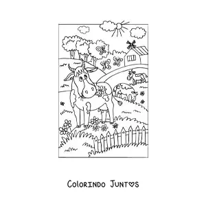 Desenho para colorir de várias vacas animadas pastando na fazenda