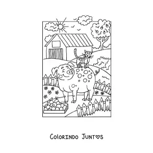Desenho para colorir de um porco animado e um gato na fazenda