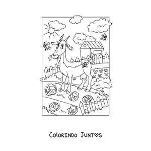 Desenho para colorir de uma cabra animada pastando na fazenda