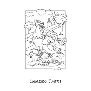 Desenho para colorir de uma galinha com um galo e pintinhos animados na fazenda