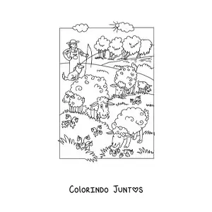 Desenho para colorir de um pastor junto às suas ovelhas pastando