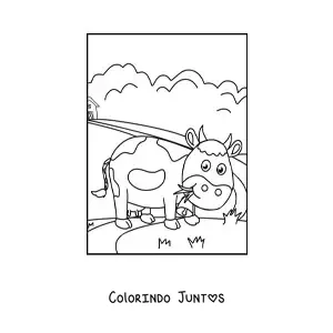 Desenho para colorir de uma vaca animada pastando