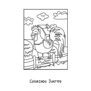Desenho para colorir de um galo na fazenda