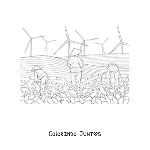 Desenho para colorir de um campo de cultivo de arroz