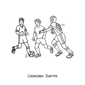 Desenho para colorir de três homens jogando futebol