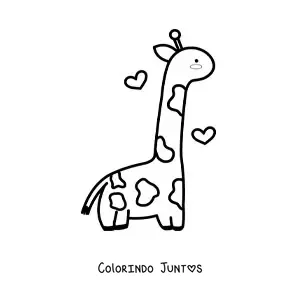Desenho para colorir de uma girafa kawaii de perfil com corações flutuando