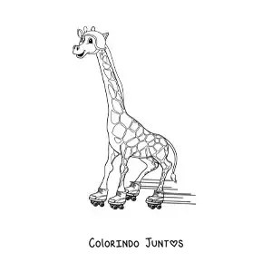 Desenho para colorir de uma girafa animada patinando feliz