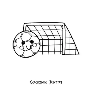 Desenho para colorir de uma bola de futebol kawaii junto ao gol