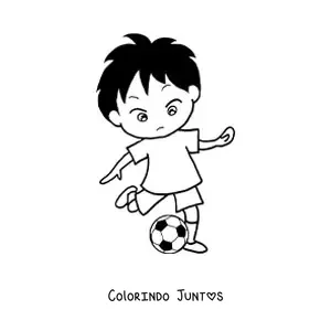 Desenho para colorir de um menino chutando uma bola de futebol