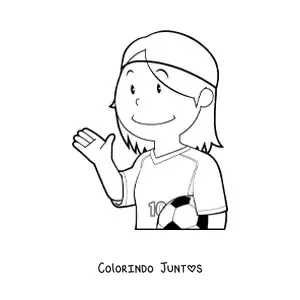 Desenho para colorir de uma menina jogadora de futebol acenando