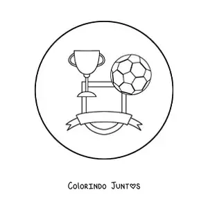 Desenho para colorir de um escudo com uma bola e um troféu de futebol