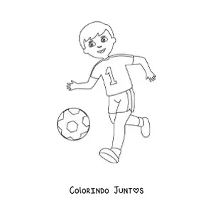 Desenho para colorir de um menino correndo atrás da bola de futebol