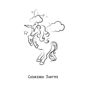 Desenho para colorir de um unicórnio animado em duas patas, com estrelas, nuvens e a lua ao fundo