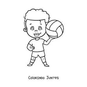 Desenho para colorir de um menino kawaii com bola de vôlei