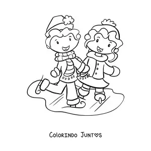 Desenho para colorir de um casal patinando no gelo