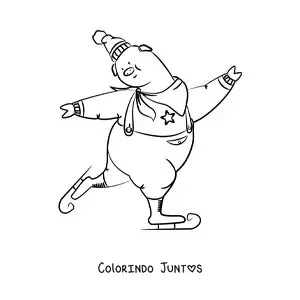 Desenho para colorir de um porco animado patinando no gelo
