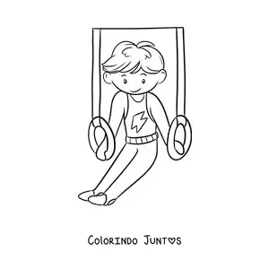 Desenho para colorir de um menino ginasta nas argolas