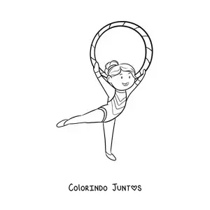 Desenho para colorir de uma menina praticando ginástica rítmica com arco
