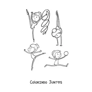Desenho para colorir de várias meninas praticando ginástica artística