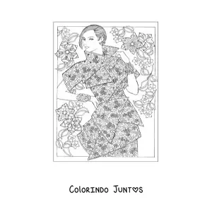 Desenho para colorir de uma mulher com um vestido da moda