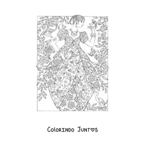 Desenho para colorir de uma mulher com um vestido de época