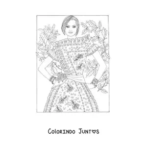 Desenho para colorir de uma modelo com um vestido estampado