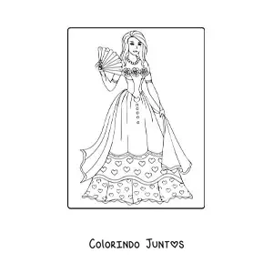 Desenho para colorir de uma princesa com um vestido e um leque