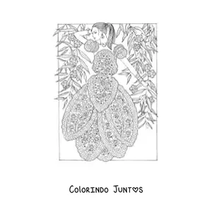 Desenho para colorir de uma modelo e um vestido estampado com mandalas
