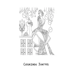 Desenho para colorir de uma mulher com um vestido de gala