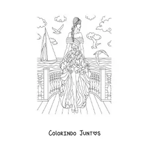 Desenho para colorir de uma modelo com um vestido de festa