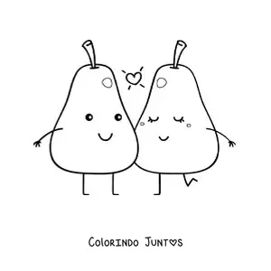 Desenho para colorir de um casal de peras kawaii animadas com um coração no ar
