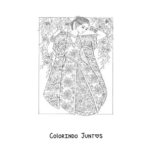 Desenho para colorir de uma modelo com um vestido estilo oriental