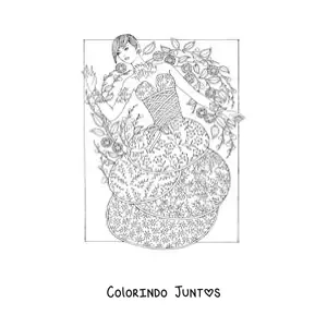 Desenho para colorir de uma modelo com um vestido florido