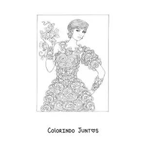 Desenho para colorir de uma modelo com vestido de flores