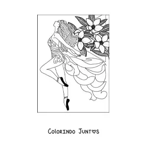 Desenho para colorir de uma modelo com um vestido e flores