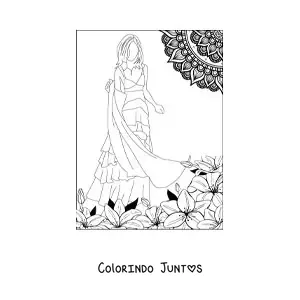 Desenho para colorir de uma modelo com um vestido casual da moda
