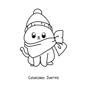Desenho para colorir de um gato kawaii com um gorro de inverno