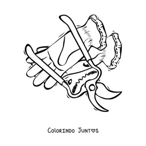 Desenho para colorir de um par de luvas e uma tesoura de jardinagem