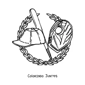 Desenho para colorir de uma luva, um taco e um boné de beisebol