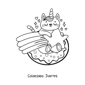 Desenho para colorir de um gato unicórnio em uma estrela cadente
