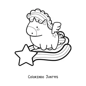 Desenho para colorir de um pégaso kawaii voando sobre uma estrela cadente
