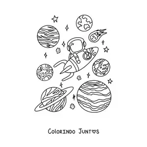 Desenho para colorir de um astronauta e planetas do sistema solar