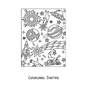 Desenho para colorir de vários planetas e estrelas